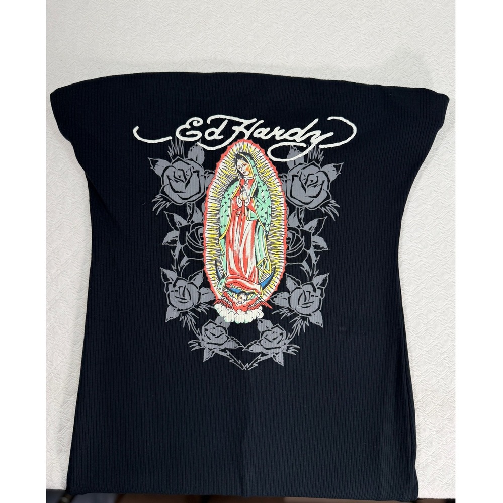 Ed Hardy Romper Women XL Black Virgin Mary Graphic Ribbed Whimsigoth Streetwear